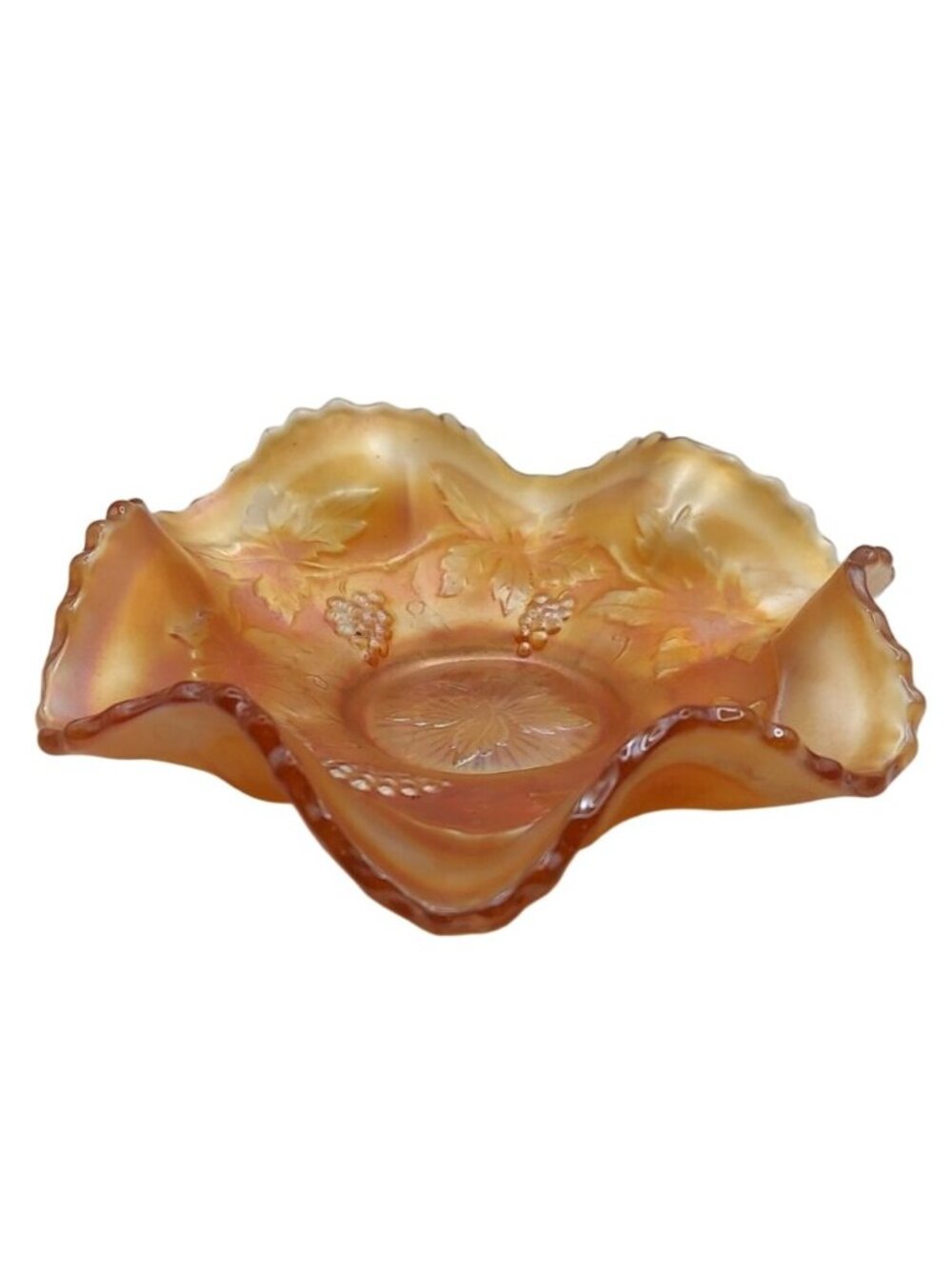 Fenton Carnival Glass Candy Trinket Dish Grape & Cable Marigold Ruffled Vintage